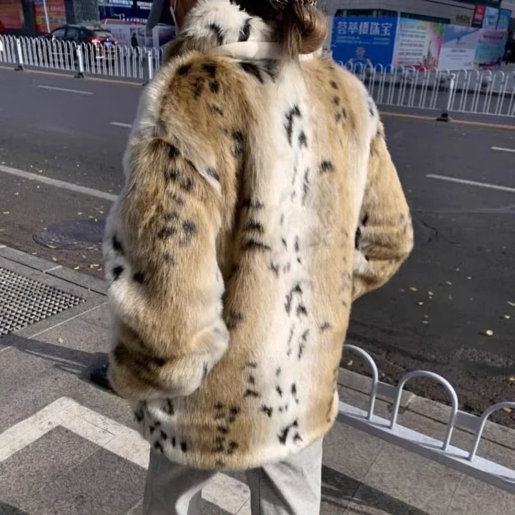 Luxury Leopard Print Lapel Long Sleeve Faux Fur Plush Coat - Image 3