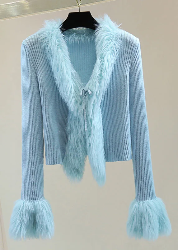 Chic Blue Fur Collar Patchwor Solid Cotton Knit Sweater Winter - Image 4