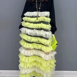 Beautiful Yellow O Neck Tulle Patchwork Fluffy Dresses Long Sleeve