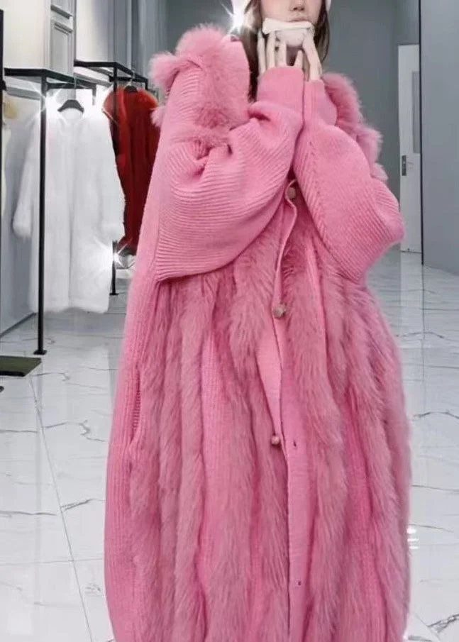 Fashion Grey Hooded Fox Fur Patchwork Knit Cardigan Fall - Image 2