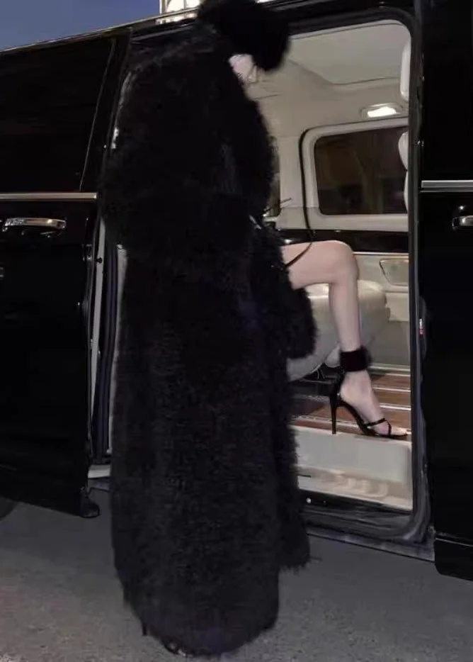 Stylish Black Tie Waist Patchwork Fuzzy Fur Fluffy Coat Winter - Image 4