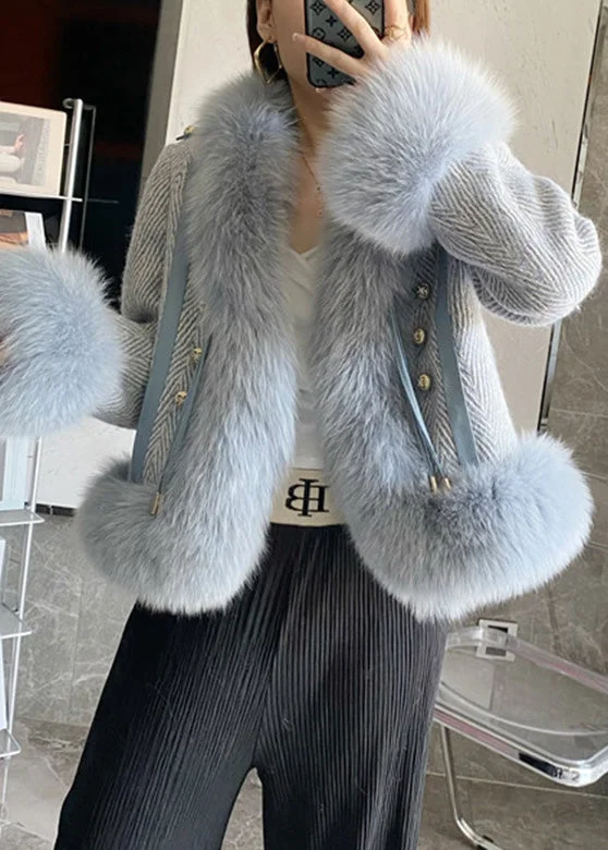 DIY Blue Stand Collar Leather And Faux Fur Coat Winter - Image 2