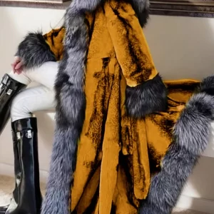 Natural White Fox Collar Tie Waist Leather And Fur Maxi Coats Winter