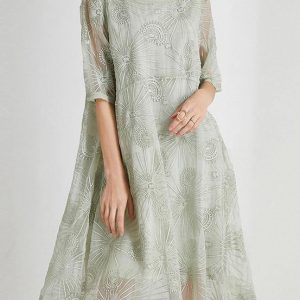 French Light Green Embroidery Chiffon Short Sleeve Summer Maxi Dresses