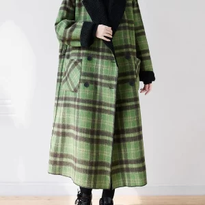French Green Plaid Notched Wear On Both Sides Warm Fleece Faux Fur Trench Coats Long Sleeve