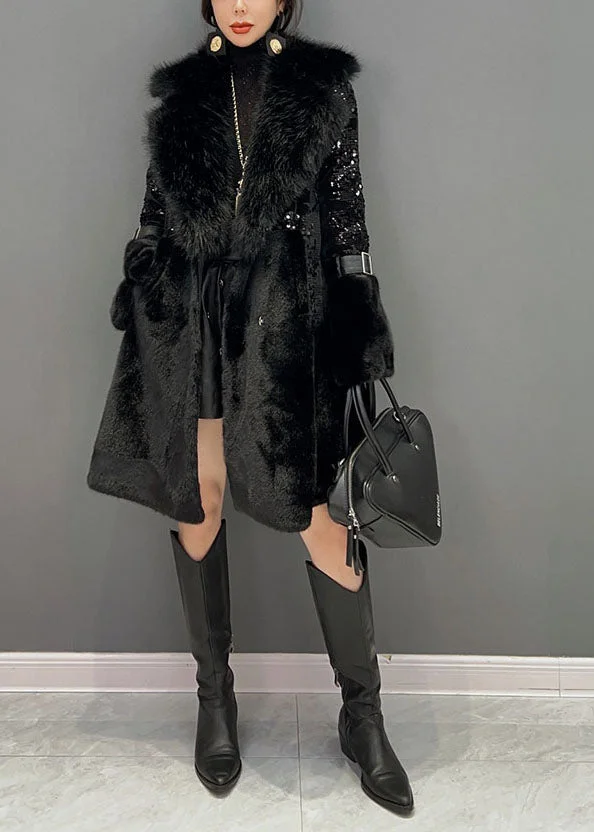 Fashion Black Fur Collar Sequins Patchwork Pockets Leather And Fur Coats Winter - Image 5