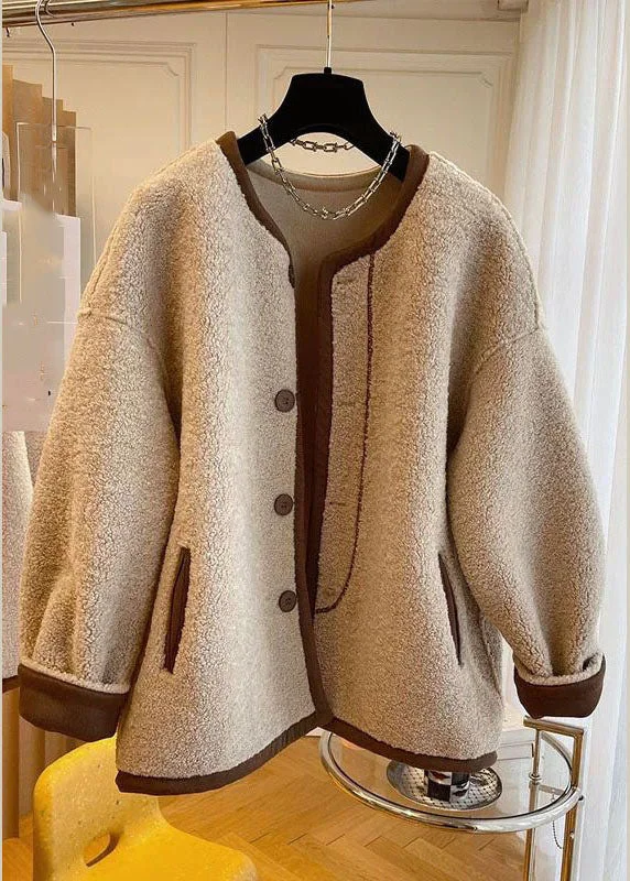 French Khaki O-Neck Patchwork Button Faux Fur Coats Winter - Image 5