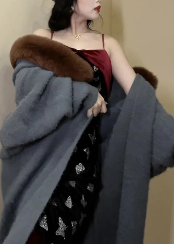 Boutique Haze Blue Fur Collar Mink Hair Knitted Coats Batwing Sleeve - Image 2