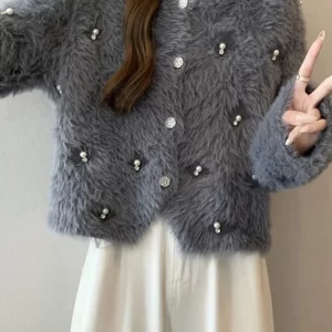 Fashion Grey O Neck Nail Bead Mink Hair Knitted Coat Fall