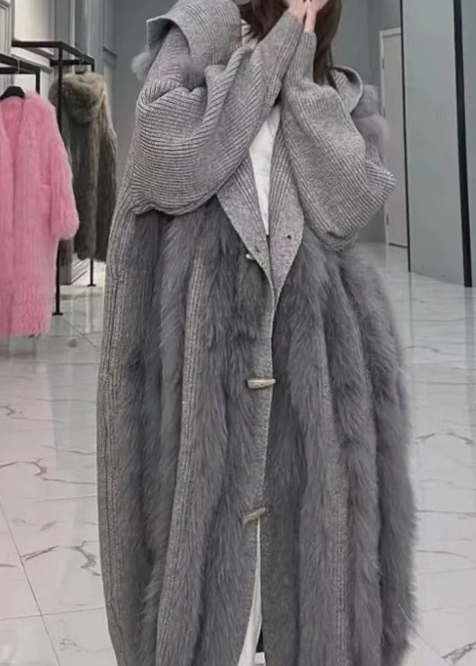 Fashion Grey Hooded Fox Fur Patchwork Knit Cardigan Fall - Image 3