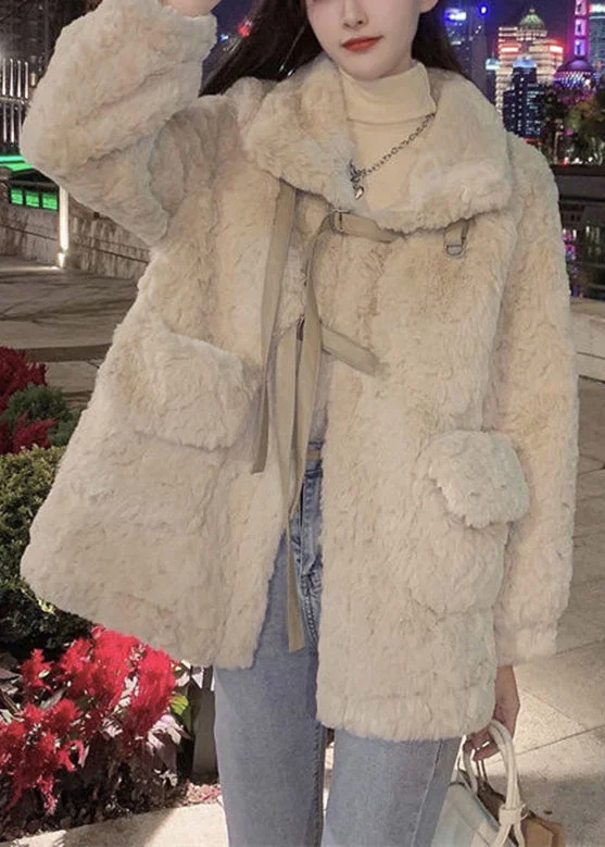 Natural Apricot Peter Pan Collar Thick Faux Fur Coats Winter - Image 5