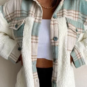 Leopard Plaid Print Plush Stitching Long Sleeve Coat