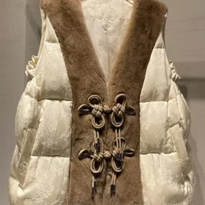 Loose Beige Button Mink Hair Patchwork Duck Down Waistcoat Sleeveless