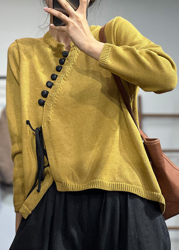 Chic Yellow Asymmetrical Design Lace Up Knit Sweater Tops - Image 2