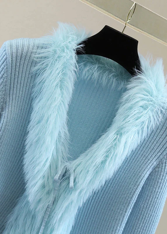 Chic Blue Fur Collar Patchwor Solid Cotton Knit Sweater Winter - Image 2