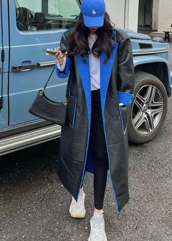 Oversized Black Peter Pan Collar Pockets Patchwork Faux Fur Trench Winter - Image 5