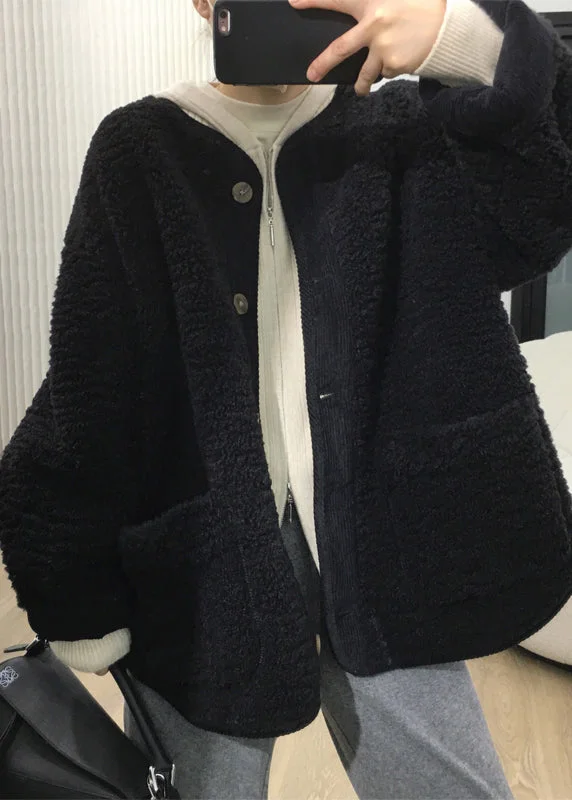 Loose Coffee Button Pockets Patchwork Teddy Faux Fur Coats Fall - Image 2