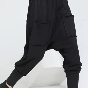 Fashion Black Pockets Elastic Waist Casual Fall Harem Pants