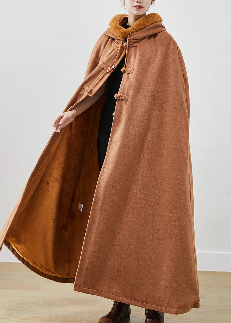 French Khaki Fur Collar Oversized Warm Fleece Hoodie Coat Cloak Sleeves - Image 4