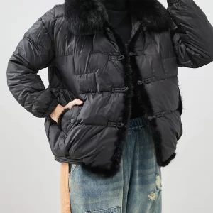 Modern Black Fox Collar Patchwork Mink Hair Duck Down Puffers Jackets Winter