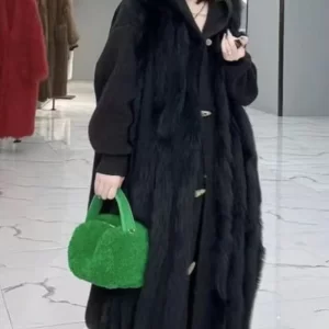 Fashion Grey Hooded Fox Fur Patchwork Knit Cardigan Fall