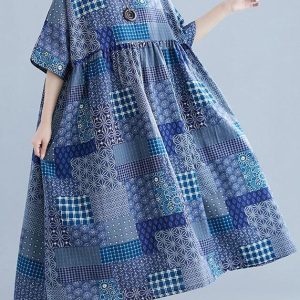 Italian navy plaid linen cotton clothes For Women o neck Cinched cotton Dress