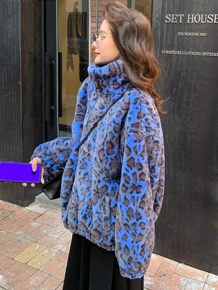 Oversized Stand Collar Blue Leopard Long Sleeve Faux Fur Zip-up Fluffy Coat - Image 4