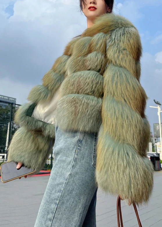 Women Green Patchwork Leather And Fur Coat Long Sleeve - Image 3