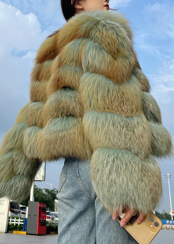 Women Green Patchwork Leather And Fur Coat Long Sleeve - Image 2