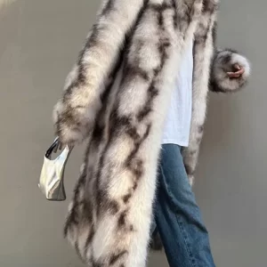 Light Pink Stand Collar Leather And Fur Maxi Coat Long Sleeve