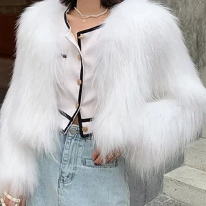 Fashion White V Neck Patchwork Faux Fur Coat Winter