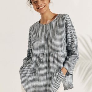 Linen Checked Long-Sleeved Top