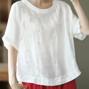 Unique White O-Neck Embroideried Summer Ramie Shirt Half Sleeve