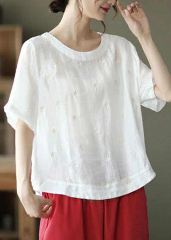 Unique White O-Neck Embroideried Summer Ramie Shirt Half Sleeve
