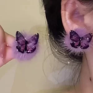 Chic Purple Sterling Silver Overgild Fuzzy Fur Fluffy Butterfly Stud Earrings