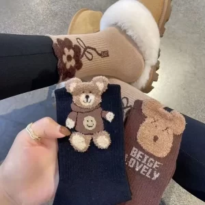 Cute Teddy Cartoon Jacquard Cotton Mid Calf Socks