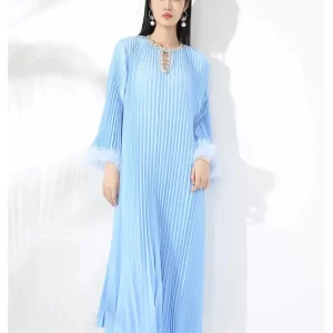 Boutique Rose Pink Sequins O-neck Long Sleeve Splicing Fur Pleated Dress