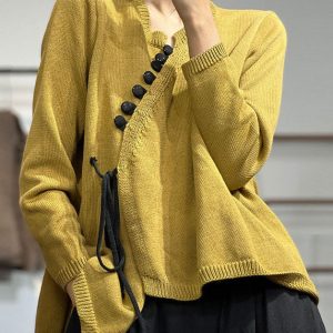 Chic Yellow Asymmetrical Design Lace Up Knit Sweater Tops