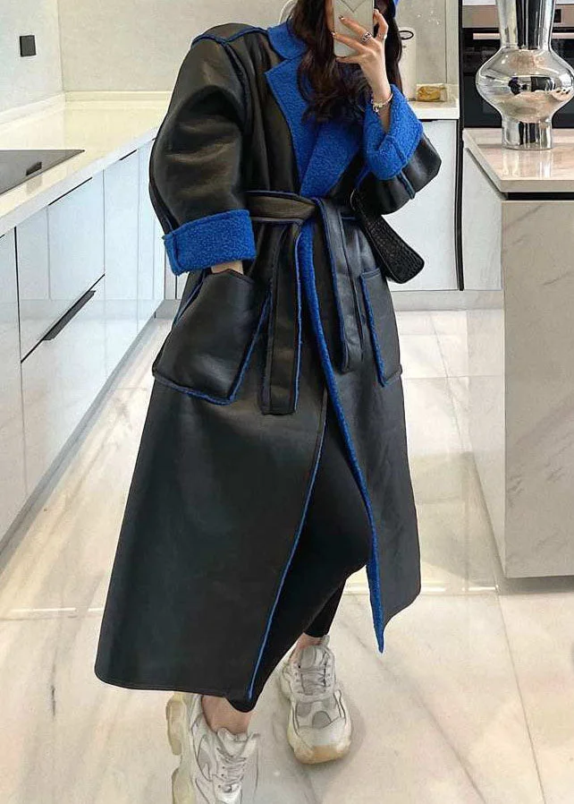 Oversized Black Peter Pan Collar Pockets Patchwork Faux Fur Trench Winter - Image 2