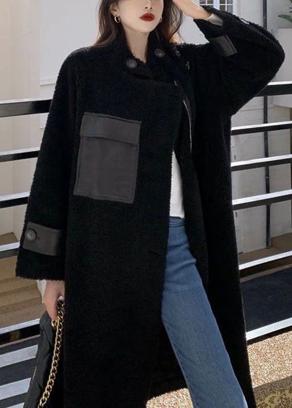 Plus Size Black Pockets Zippered Patchwork Teddy Coats Fall - Image 2