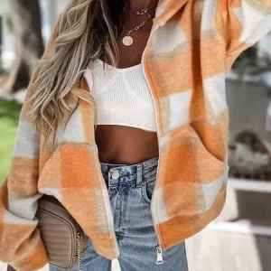 Women's Coat Checked Plush Warm Hooded Zipper Coat