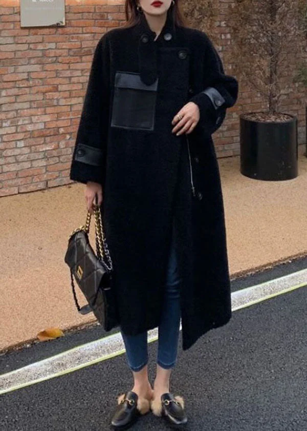 Plus Size Black Pockets Zippered Patchwork Teddy Coats Fall - Image 3