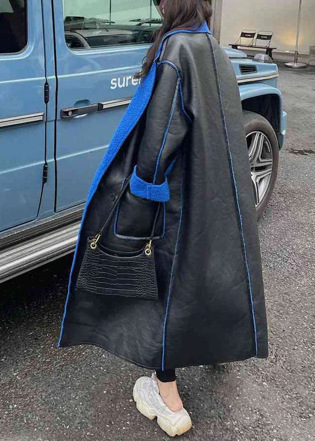 Oversized Black Peter Pan Collar Pockets Patchwork Faux Fur Trench Winter - Image 4