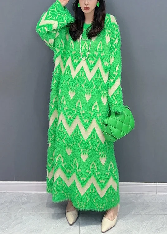 Green Patchwork Teddy Knit Sweater Dress O Neck Long Sleeve - Image 4