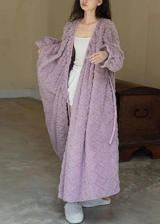 Plus Size Purple V Neck Patchwork Thick Fluffy Robe Spring - Image 2