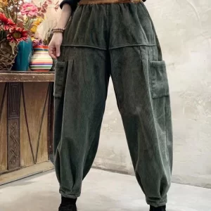 Loose Green Corduroy Patchwork Thick Cargo Winter Pants