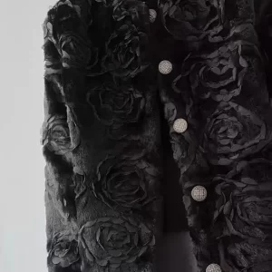 Floral Black O-Neck Button Fuzzy Fur Fluffy Coats Spring