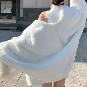 New White Solid V Neck Fuzzy Fur Fluffy Coats Long Sleeve