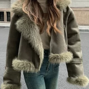 Fashion Blackish Green Fur Collar Patchwork Faux Suede Parkas Winter