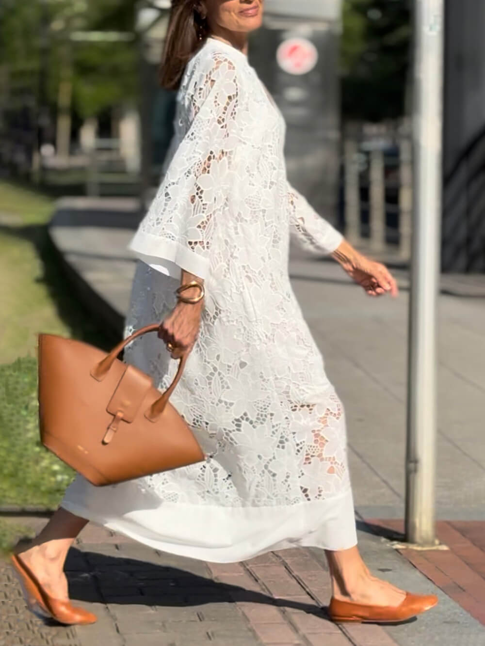 Flower Lace V-Neck Bell Sleeve Loose Midi Dress - Image 4